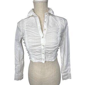 Urban Outfitters White Ruched Long Sleeve Button-Up Crop Shirt XS